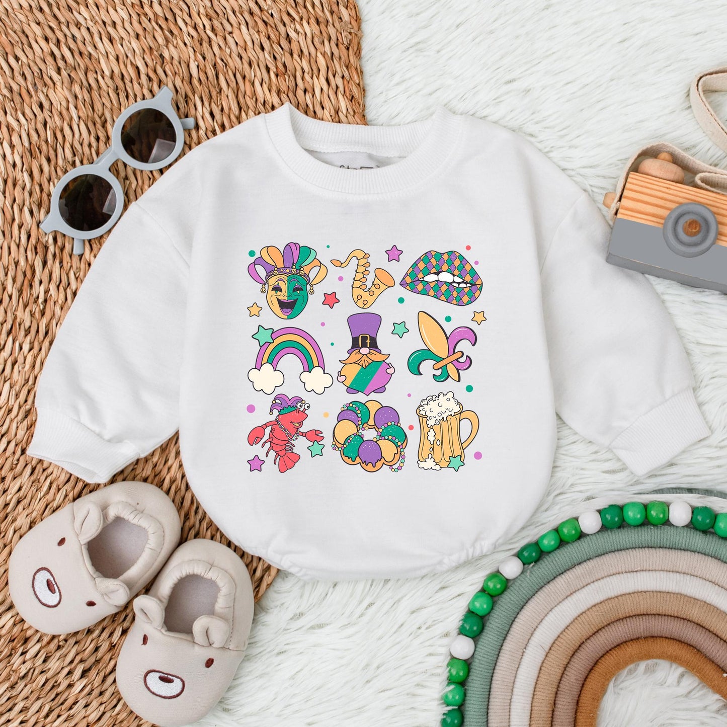 Mardi Gras Baby Bubble Romper King Cake Baby Bodysuit Festive Newborn Outfit for Baby Shower Gift