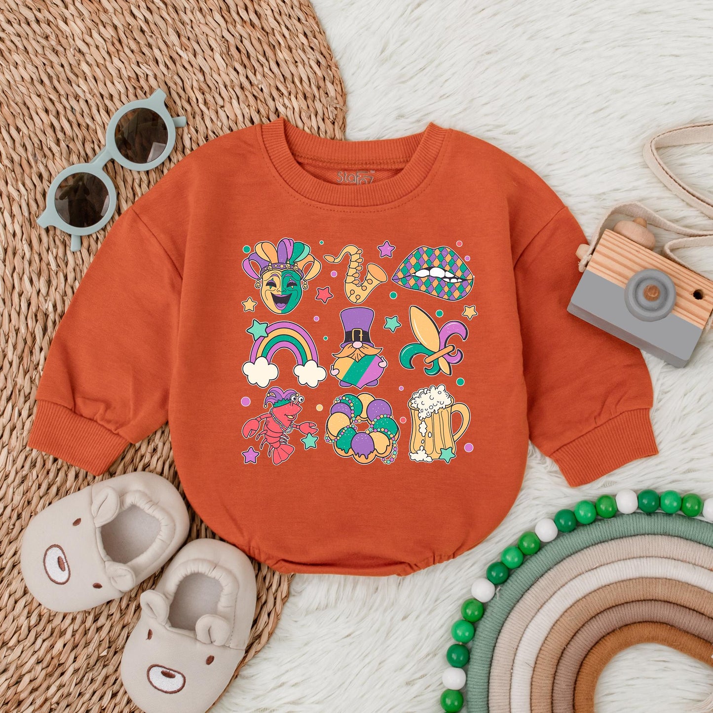 Mardi Gras Baby Bubble Romper King Cake Baby Bodysuit Festive Newborn Outfit for Baby Shower Gift