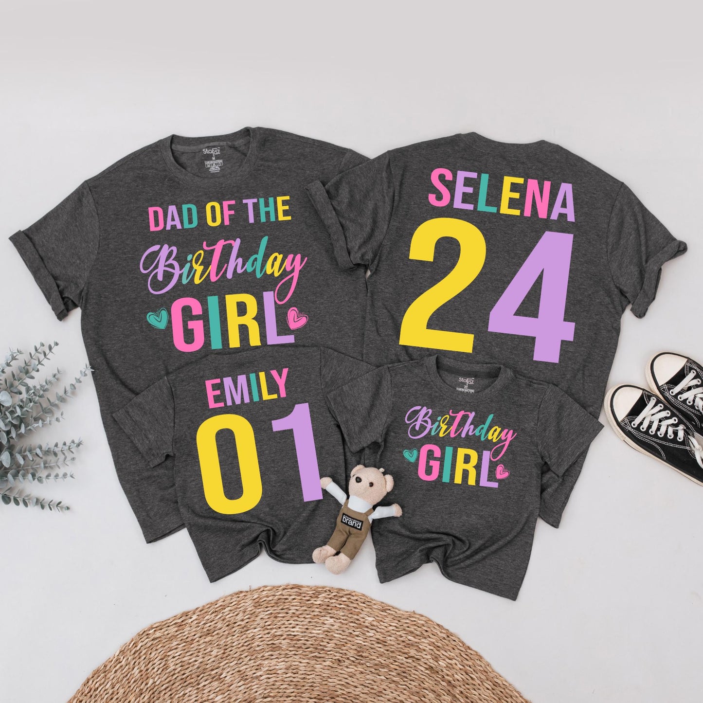 Birthday Girl Family Matching Shirts Mom Dad Colorful Celebration Outfits Fun Kids Birthday Party Tees