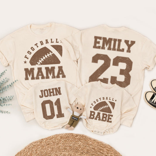 Vintage Football Babe Mama & Birthday Boy Family Matching Shirts Distressed Sports Style Custom Names