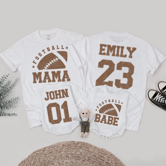 Vintage Football Babe Mama & Birthday Boy Family Matching Shirts Distressed Sports Style Custom Names