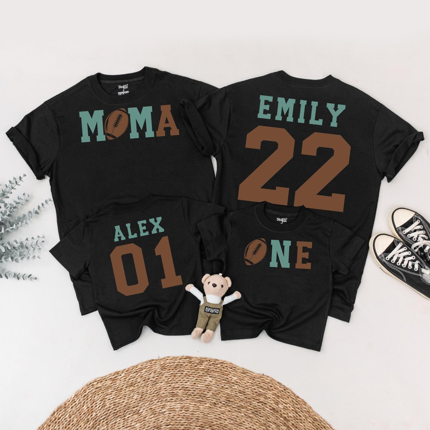 Touchdown One Football Birthday Outfit for Baby Boy 1st Birthday Matching Family Tees Teal Brown Retro Athletic
