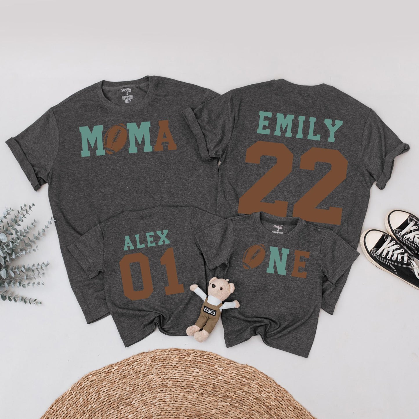Touchdown One Football Birthday Outfit for Baby Boy 1st Birthday Matching Family Tees Teal Brown Retro Athletic