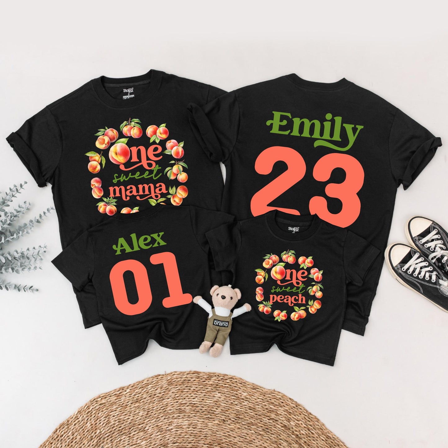 One Sweet Peach Matching Family Birthday Shirts Coordinating Mommy and Me Peach & Green Watercolor Wreath Outfit 1st Birthday