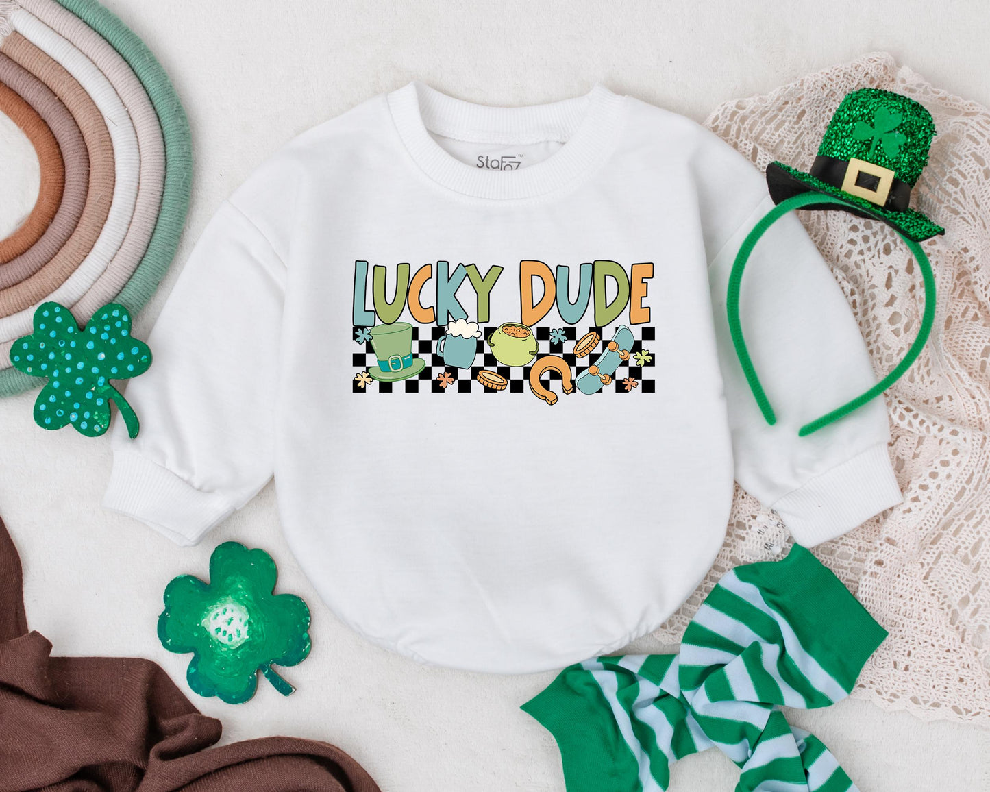 Lucky Dude St Patrick's Day Romper for Infant Baby Boys Girls, My First St Pattys Day Outfit Bodysuit, Irish Baby Gift with Clover Design