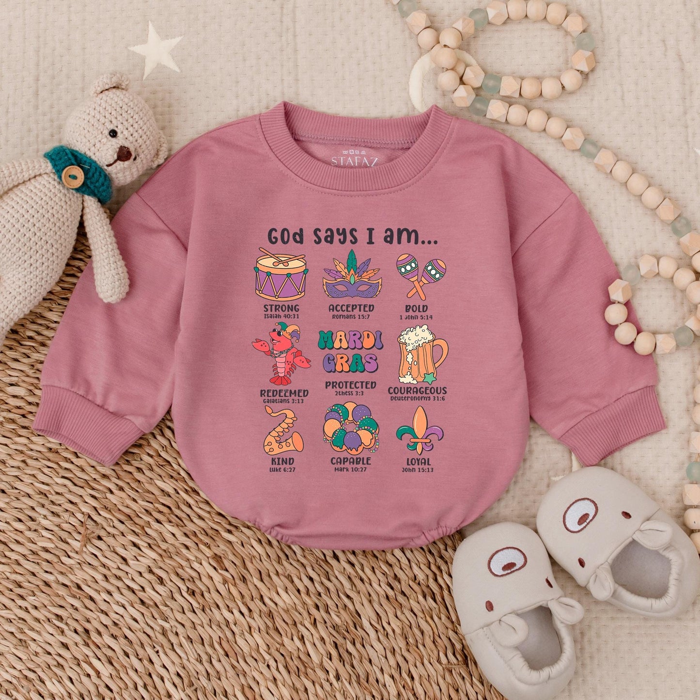 Mardi Gras Crawfish Baby Bubble Romper Outfit for Baby Girl, Newborn Bodysuit, Infant Clothes. Festive Fleur-de-Lis & Bow Design, Holiday Gift