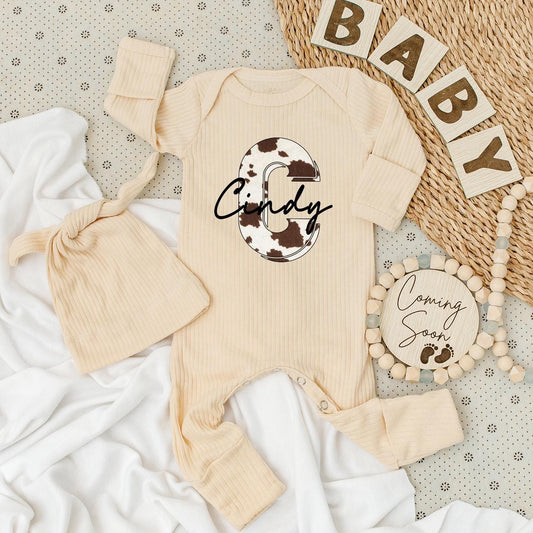 Personalized Cindy Cow Print Baby Bodysuit & Hat Set, Western Cowboy Romper, Custom Name Baby Gift, Pregnancy Announcement