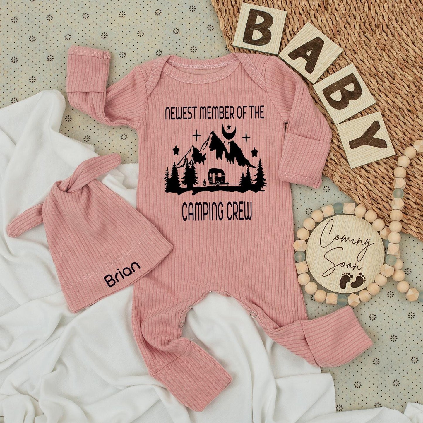Newest Camping Crew Baby Bodysuit & Hat Set - Personalized "Brian" Camper Van Mountain Graphic Romper Outfit, Cute Family Matching Gift Idea (137 chars)