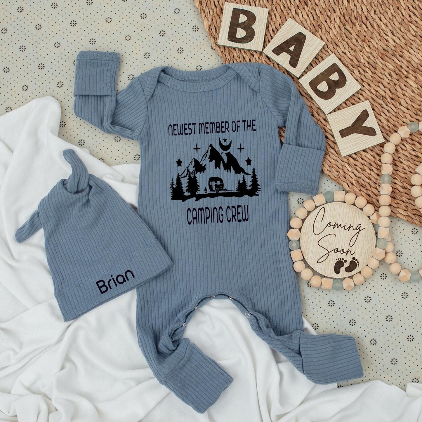 Newest Camping Crew Baby Bodysuit & Hat Set - Personalized "Brian" Camper Van Mountain Graphic Romper Outfit, Cute Family Matching Gift Idea (137 chars)