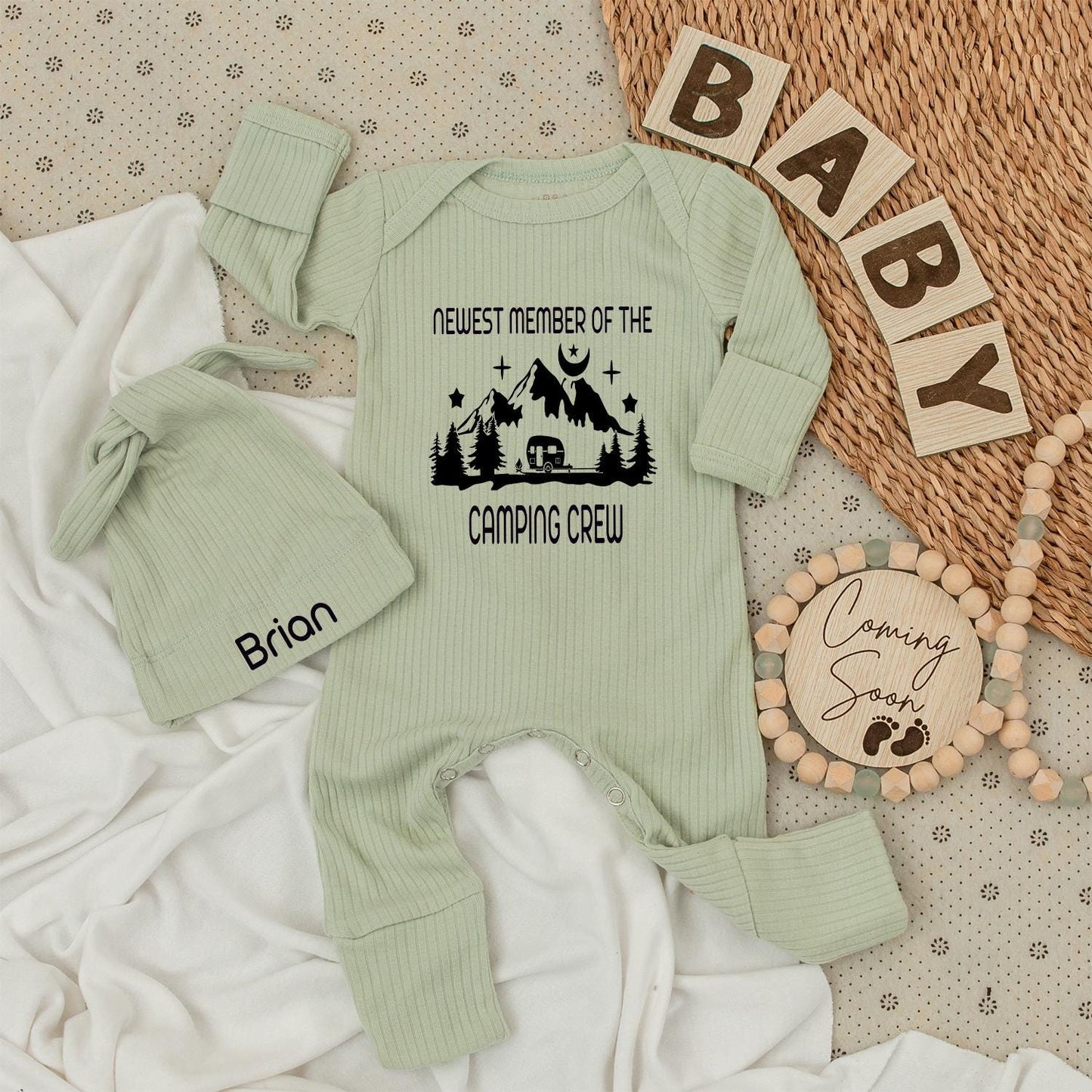 Newest Camping Crew Baby Bodysuit & Hat Set - Personalized "Brian" Camper Van Mountain Graphic Romper Outfit, Cute Family Matching Gift Idea (137 chars)