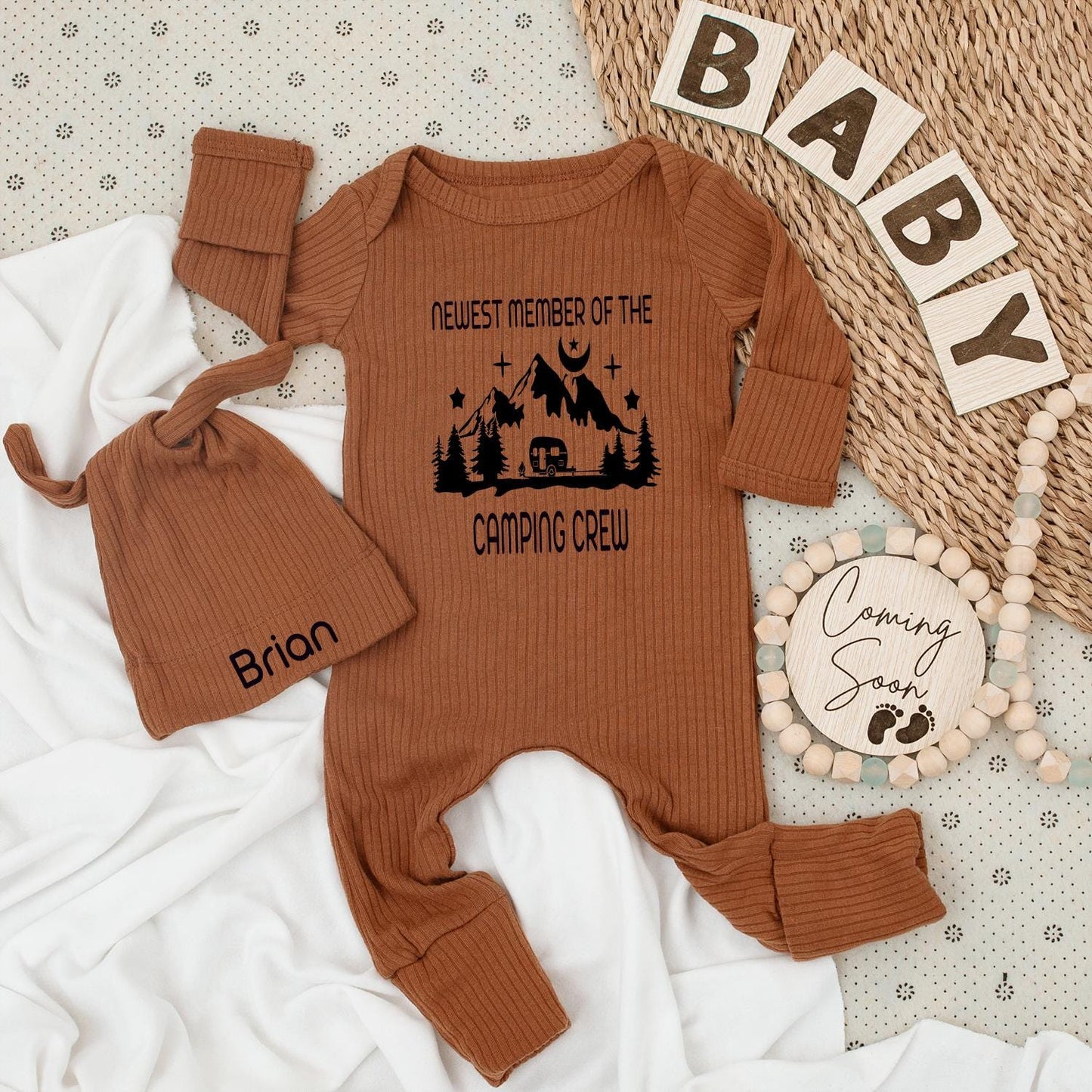Newest Camping Crew Baby Bodysuit & Hat Set - Personalized "Brian" Camper Van Mountain Graphic Romper Outfit, Cute Family Matching Gift Idea (137 chars)
