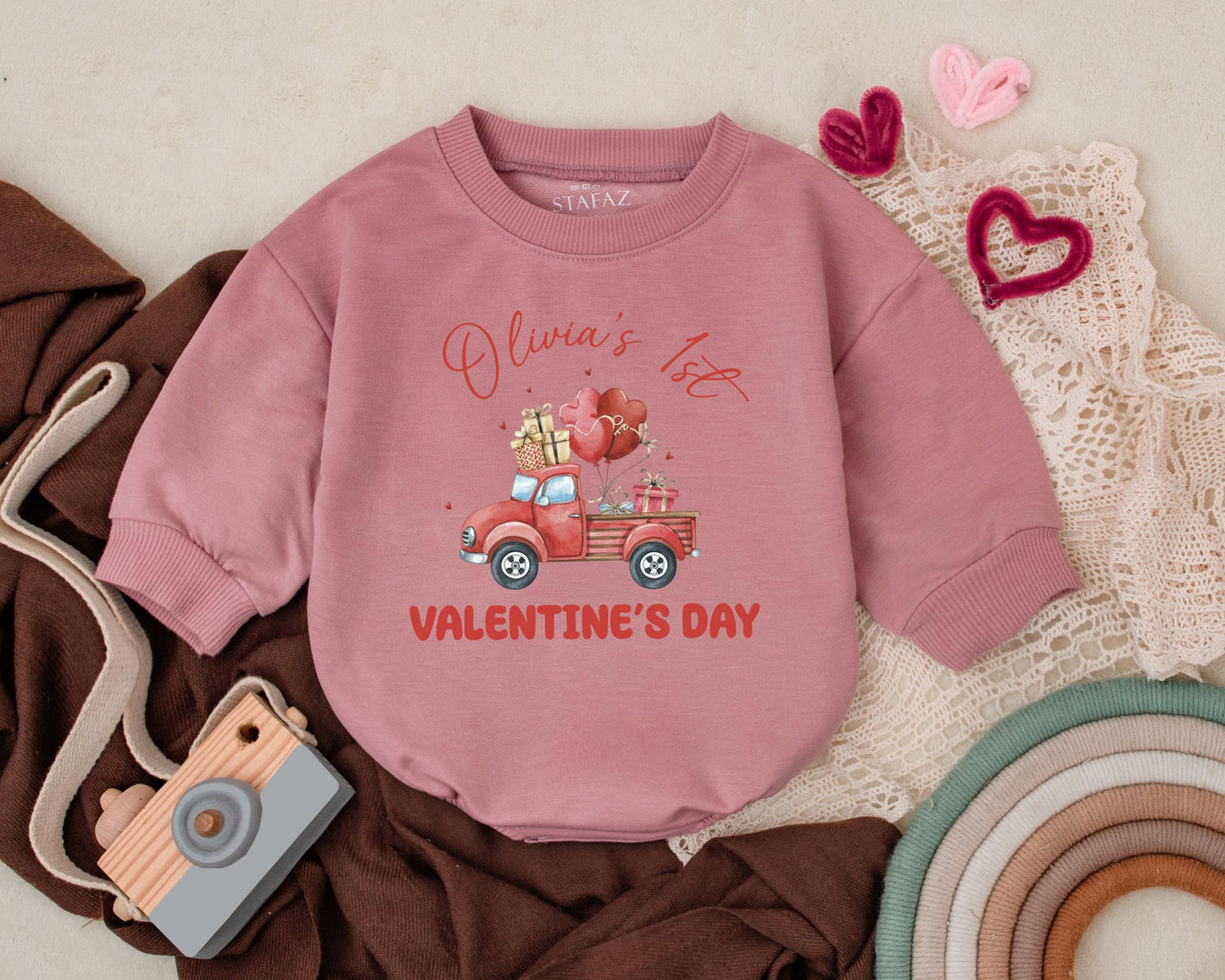 Olivia's 1st Valentine's Day Baby Romper Vintage Truck Gifts Heart Balloons Custom Name Newborn Outfit Baby Shower Gift Infant Clothes