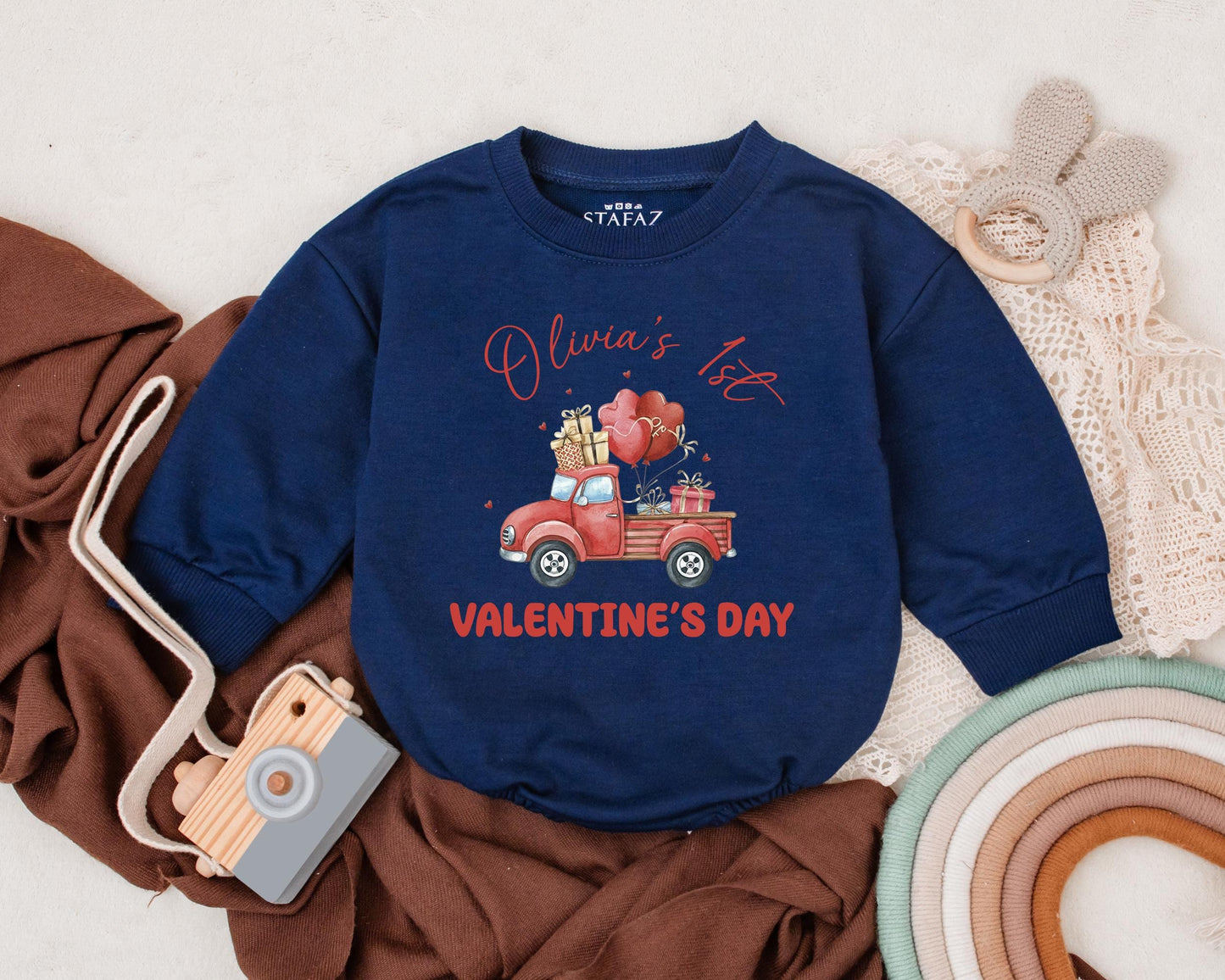 Olivia's 1st Valentine's Day Baby Romper Vintage Truck Gifts Heart Balloons Custom Name Newborn Outfit Baby Shower Gift Infant Clothes