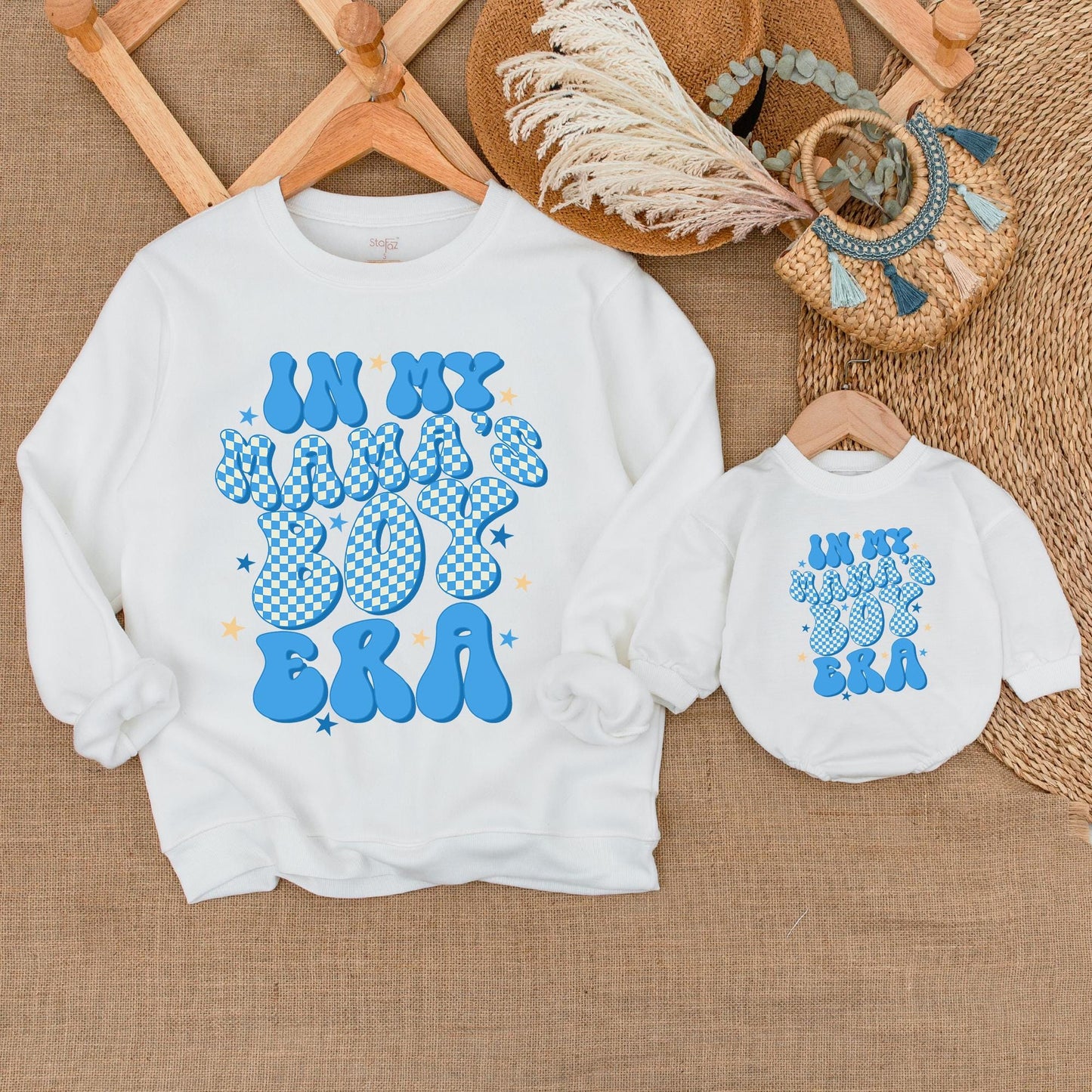 Retro Mama's Boy & Mama Matching Outfits Baby Romper & Sweatshirt Neutral Toddler Boy Cotton Set Mommy and Me USA