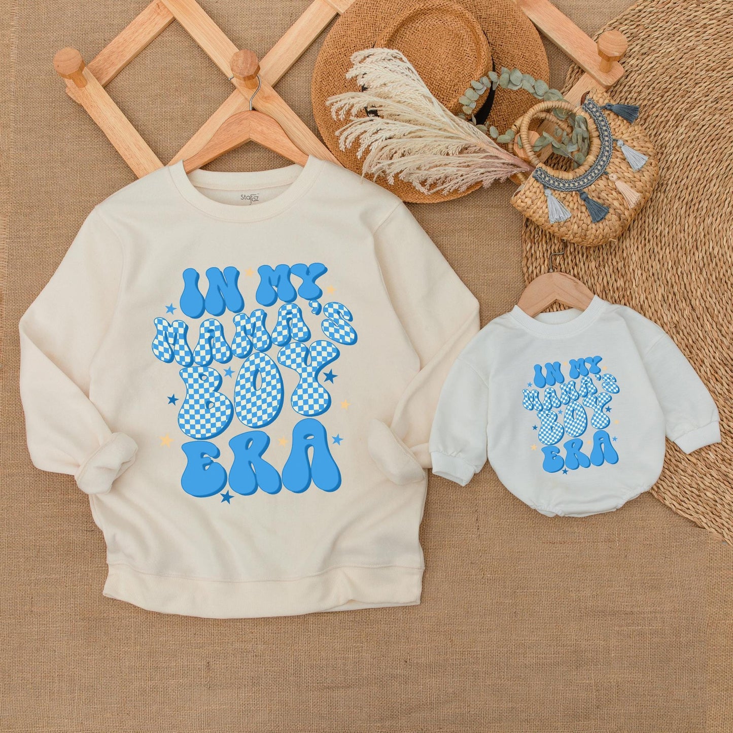 Retro Mama's Boy & Mama Matching Outfits Baby Romper & Sweatshirt Neutral Toddler Boy Cotton Set Mommy and Me USA