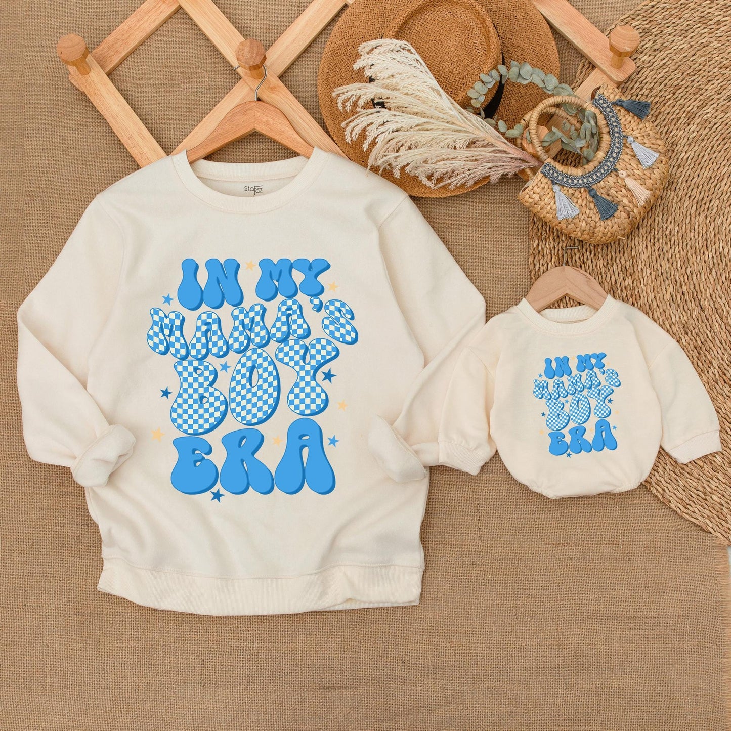 Retro Mama's Boy & Mama Matching Outfits Baby Romper & Sweatshirt Neutral Toddler Boy Cotton Set Mommy and Me USA