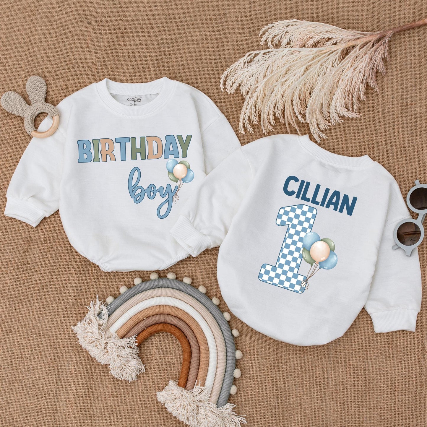 Personalized Blue Balloon Birthday Boy Bubble Romper for Baby Shower Gift or First Birthday Outfit