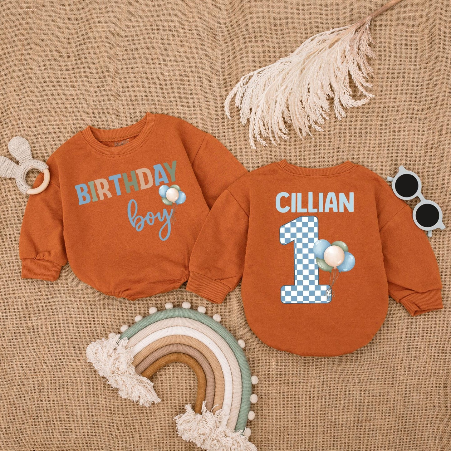 Personalized Blue Balloon Birthday Boy Bubble Romper for Baby Shower Gift or First Birthday Outfit