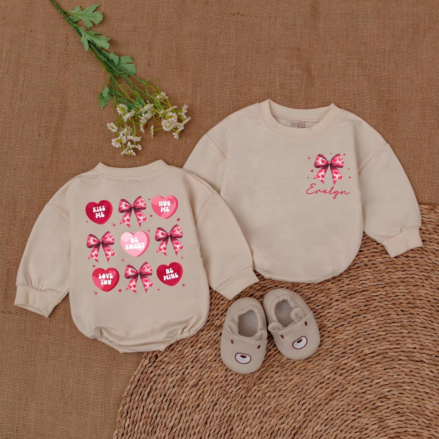 Valentine's Heart Bow Romper - Evelyn's Pink Hearts & Kiss Me Designs Baby Girl Valentine's Day Gift, Newborn Outfit, Baby Shower Gift
