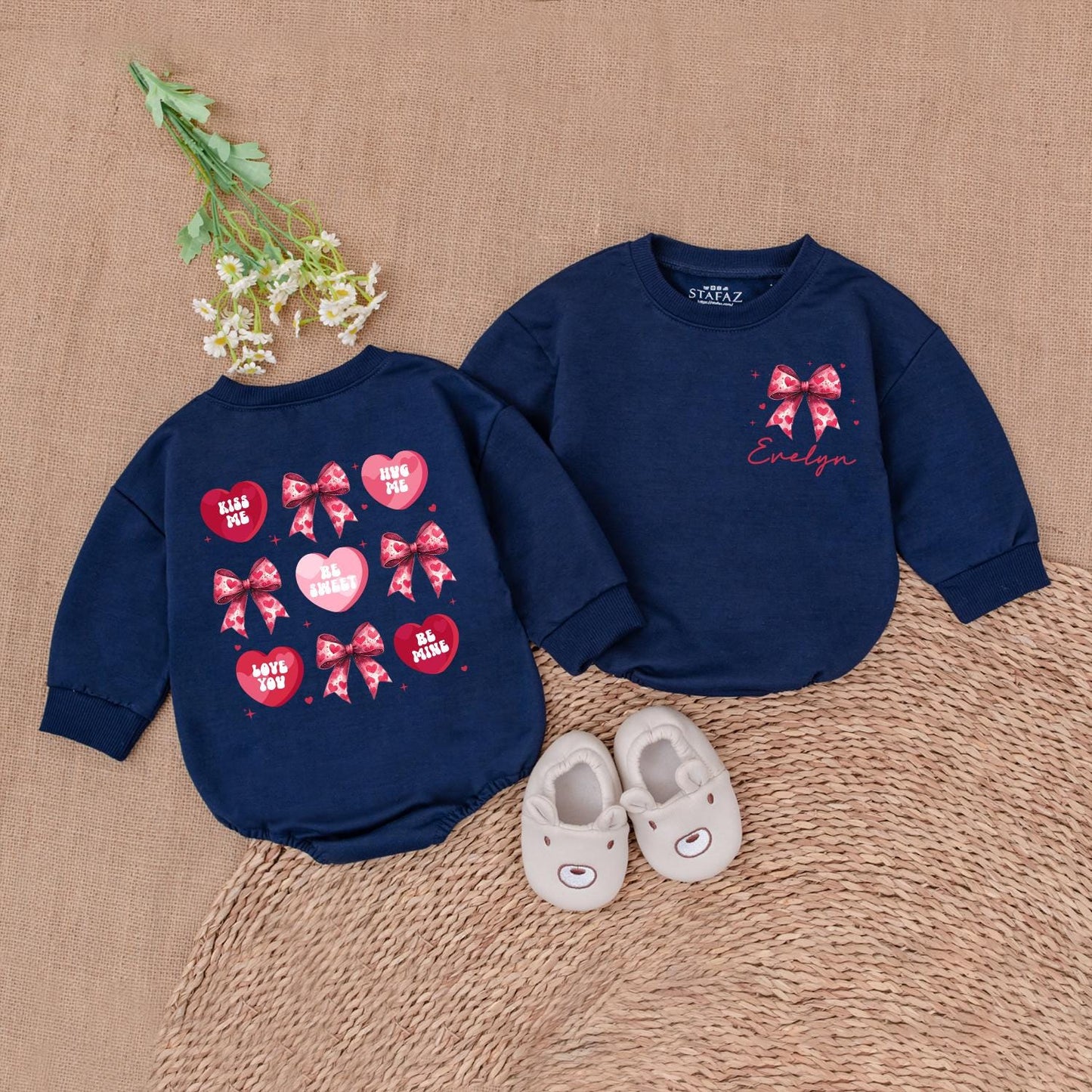 Valentine's Heart Bow Romper - Evelyn's Pink Hearts & Kiss Me Designs Baby Girl Valentine's Day Gift, Newborn Outfit, Baby Shower Gift