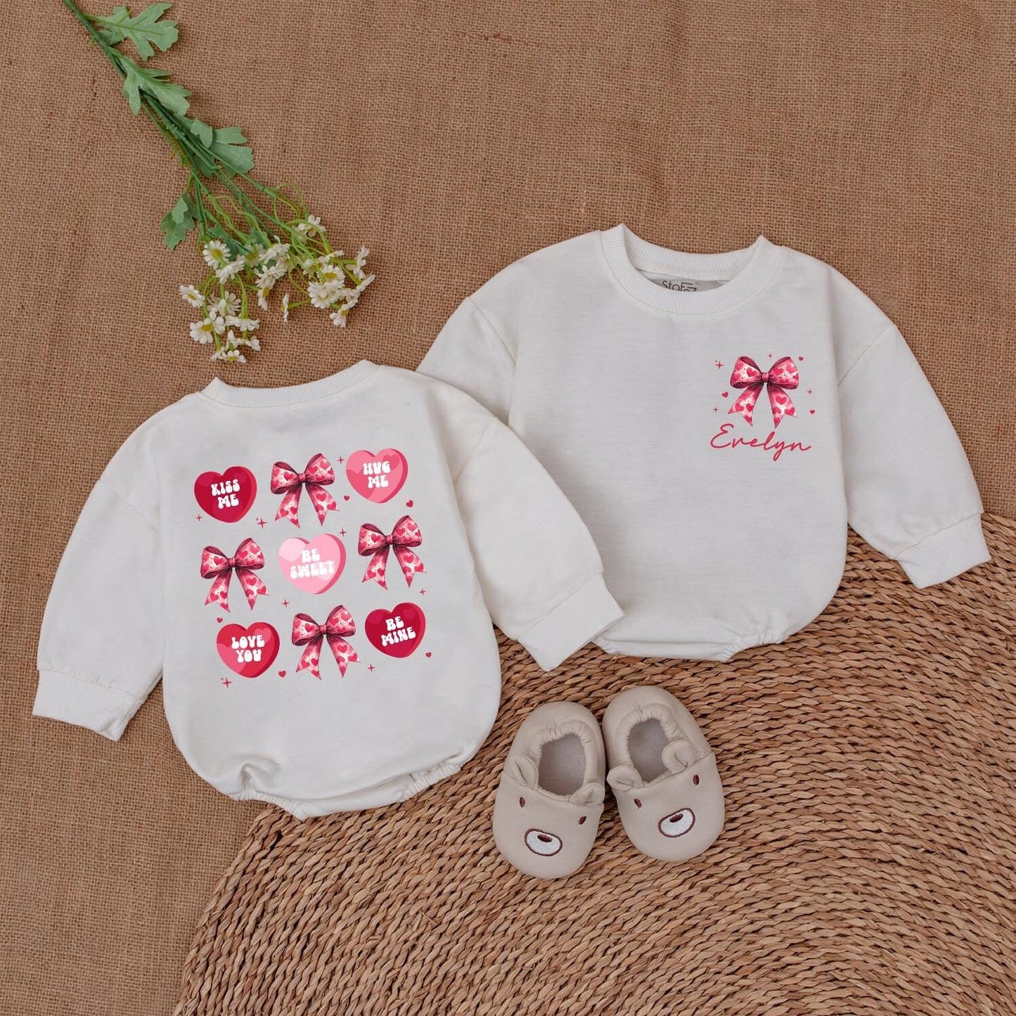 Valentine's Heart Bow Romper - Evelyn's Pink Hearts & Kiss Me Designs Baby Girl Valentine's Day Gift, Newborn Outfit, Baby Shower Gift