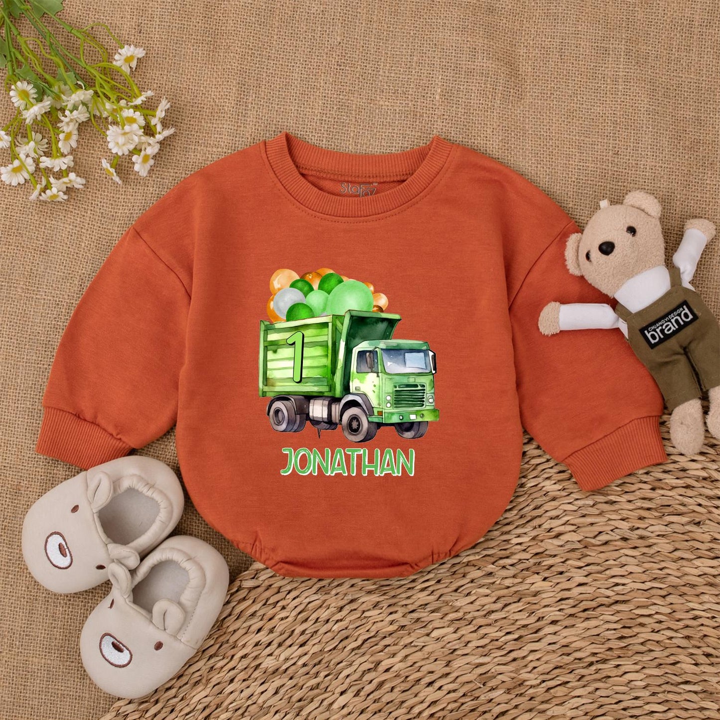 Personalized Garbage Truck Baby Romper - Truck Driver Outfit Newborn Bodysuit for Baby Boy - Trash Truck Gift, Baby Shower