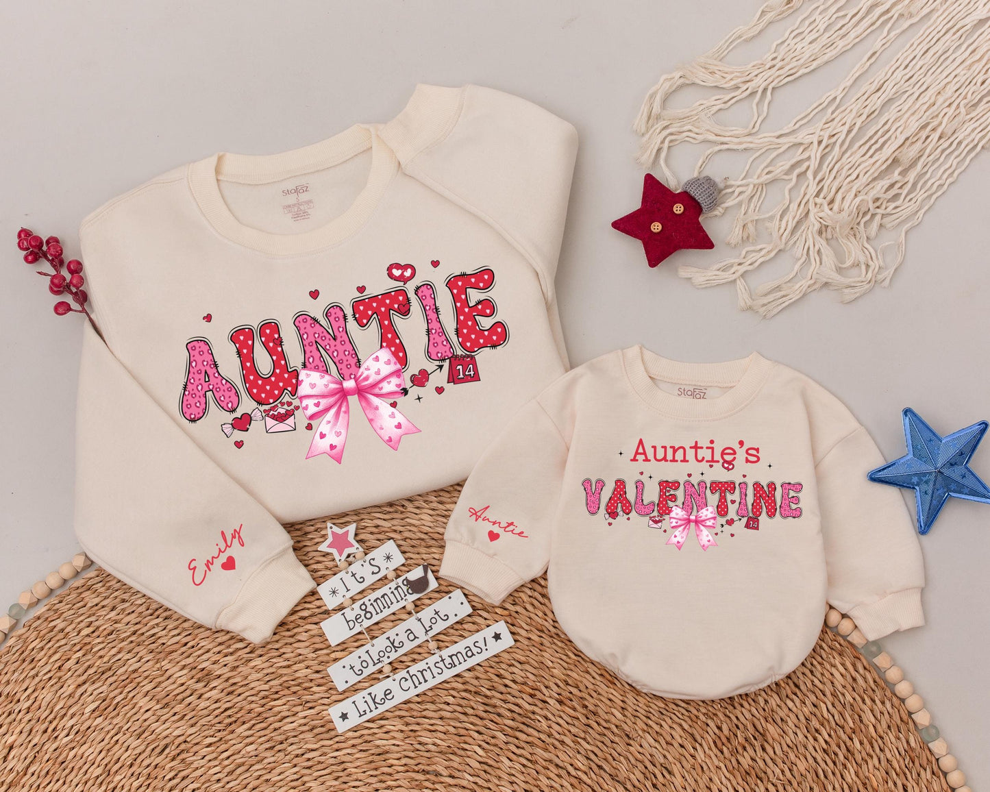 Auntie's Valentine Sweatshirt with Hearts & Pink Leopard Bubble Letters - Cute Aunt Niece Gift