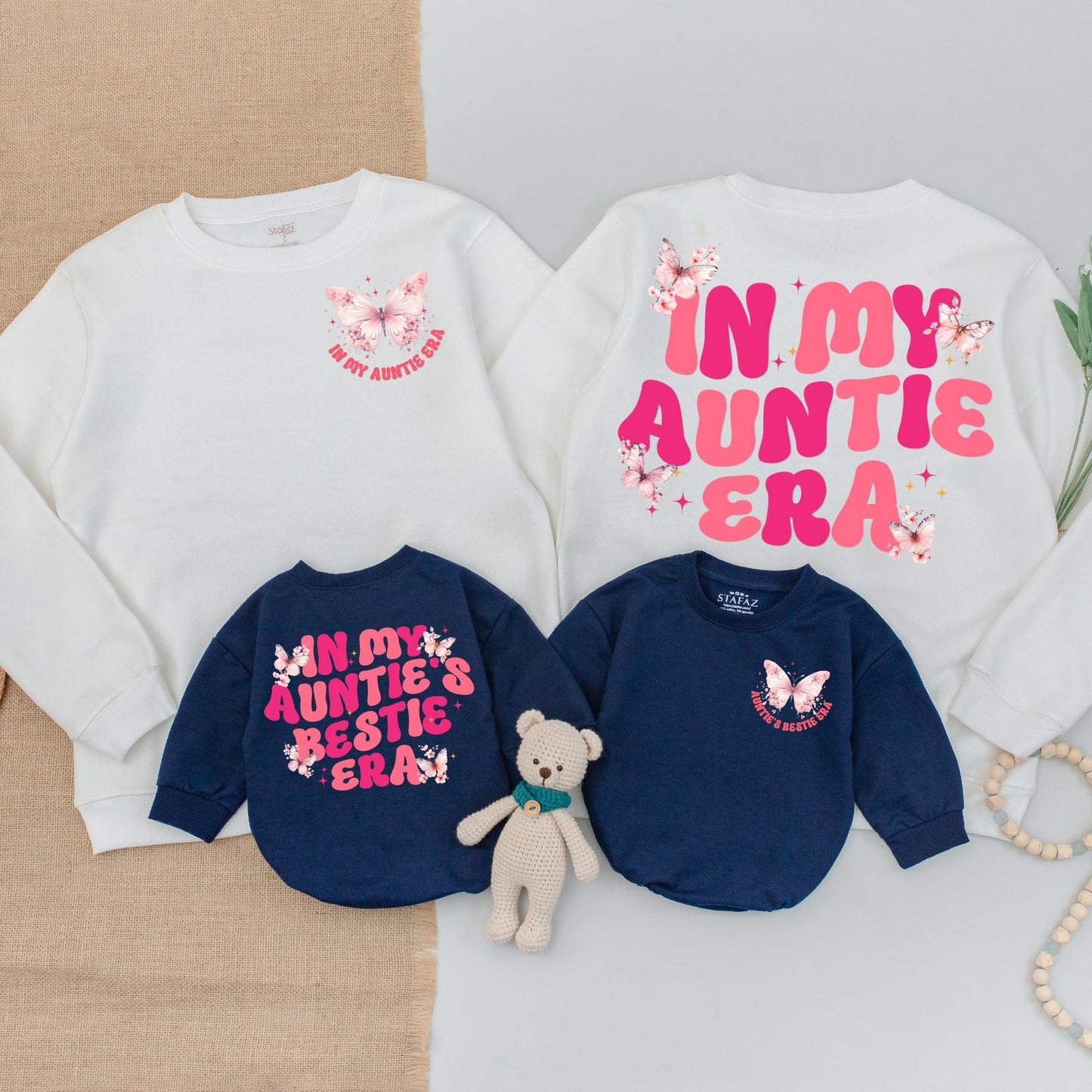 In My Auntie Era Matching Outfit: Butterfly Sparkle Sweatshirt & Baby Romper Set for Auntie's Bestie, Godmother Gift, Cute Niece Matching Set (139 chars)
