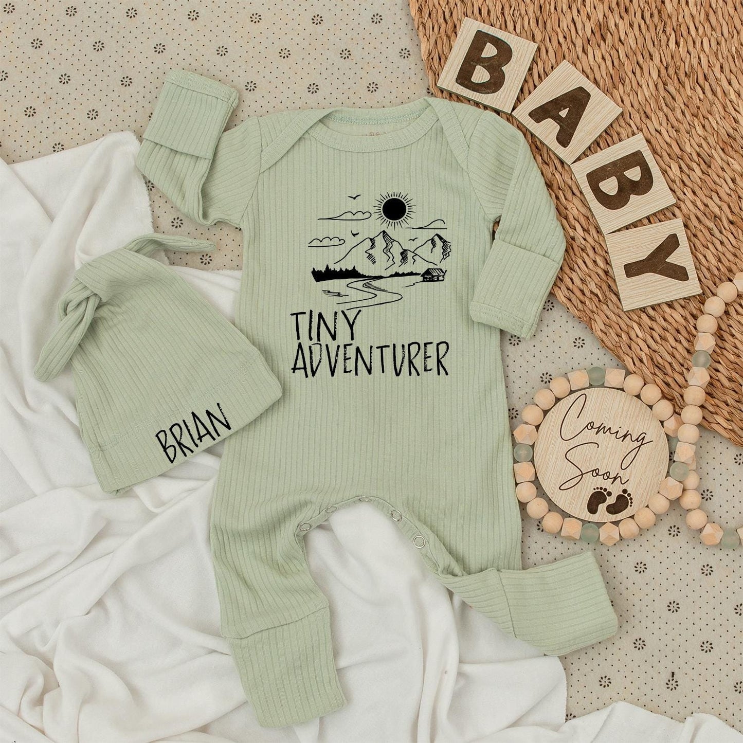 Tiny Adventurer Baby Bodysuit and Hat Set - Nature Print Romper, Camping Outfit, Baby Shower Gift, Mountain Adventure Baby Clothes (138 chars)