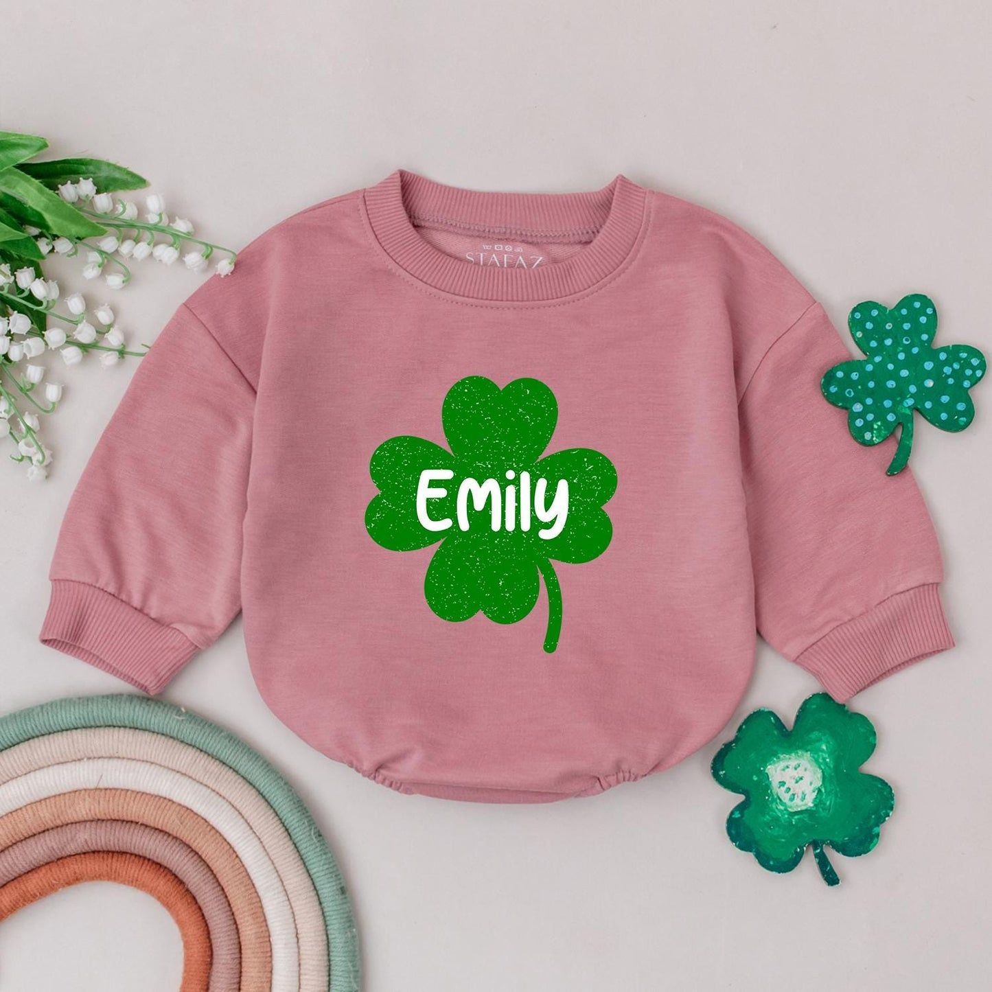 Emily Clover Romper St. Patrick's Day Outfit, Personalized Irish Baby Gift, Custom Name, Baby Girl/Boy Clothes, Newborn Romper, Shamrock