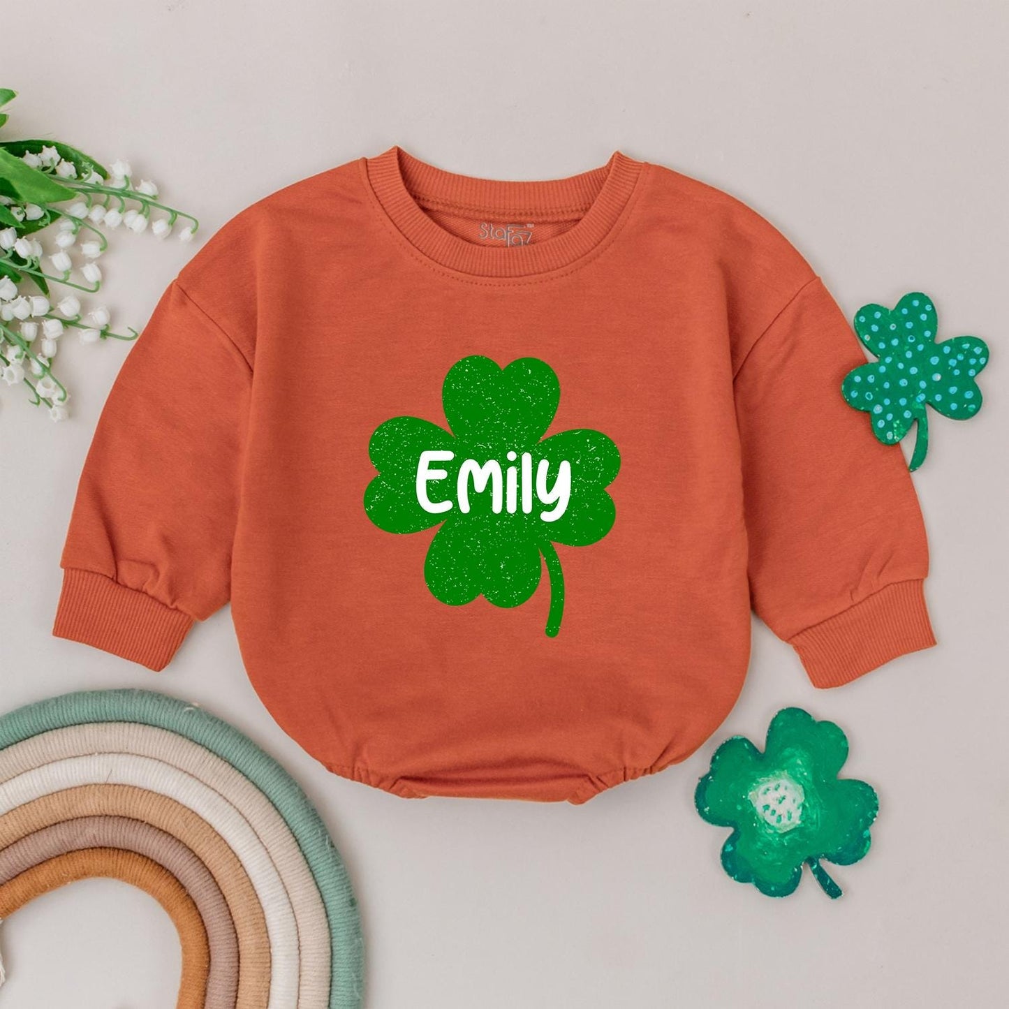 Emily Clover Romper St. Patrick's Day Outfit, Personalized Irish Baby Gift, Custom Name, Baby Girl/Boy Clothes, Newborn Romper, Shamrock