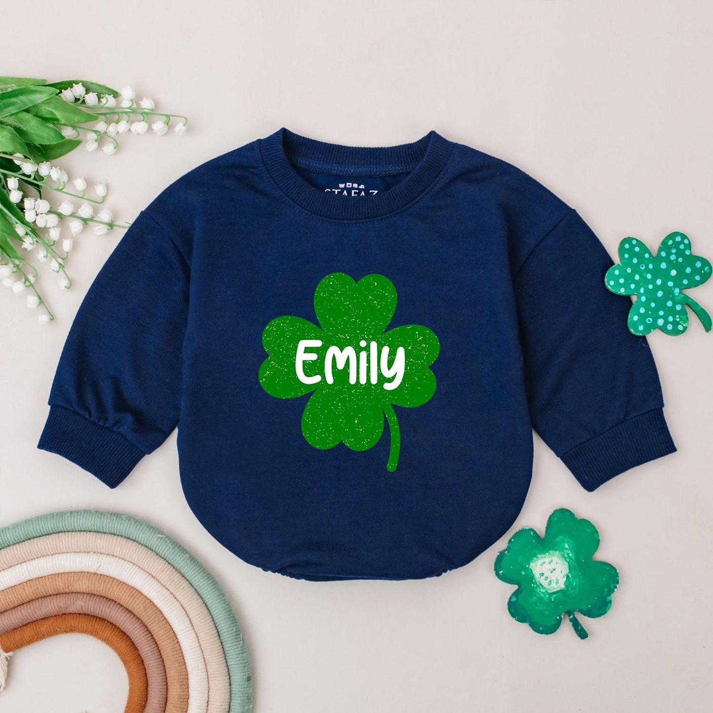 Emily Clover Romper St. Patrick's Day Outfit, Personalized Irish Baby Gift, Custom Name, Baby Girl/Boy Clothes, Newborn Romper, Shamrock
