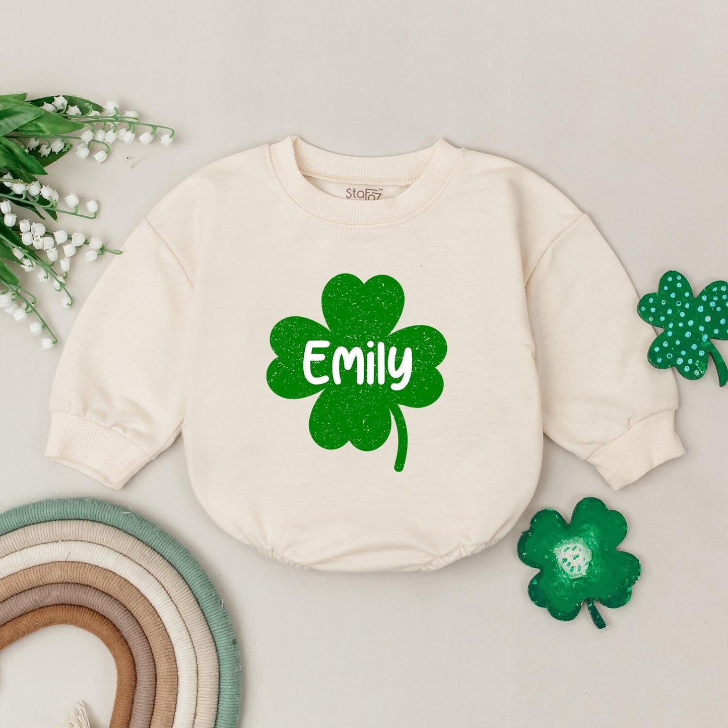 Emily Clover Romper St. Patrick's Day Outfit, Personalized Irish Baby Gift, Custom Name, Baby Girl/Boy Clothes, Newborn Romper, Shamrock