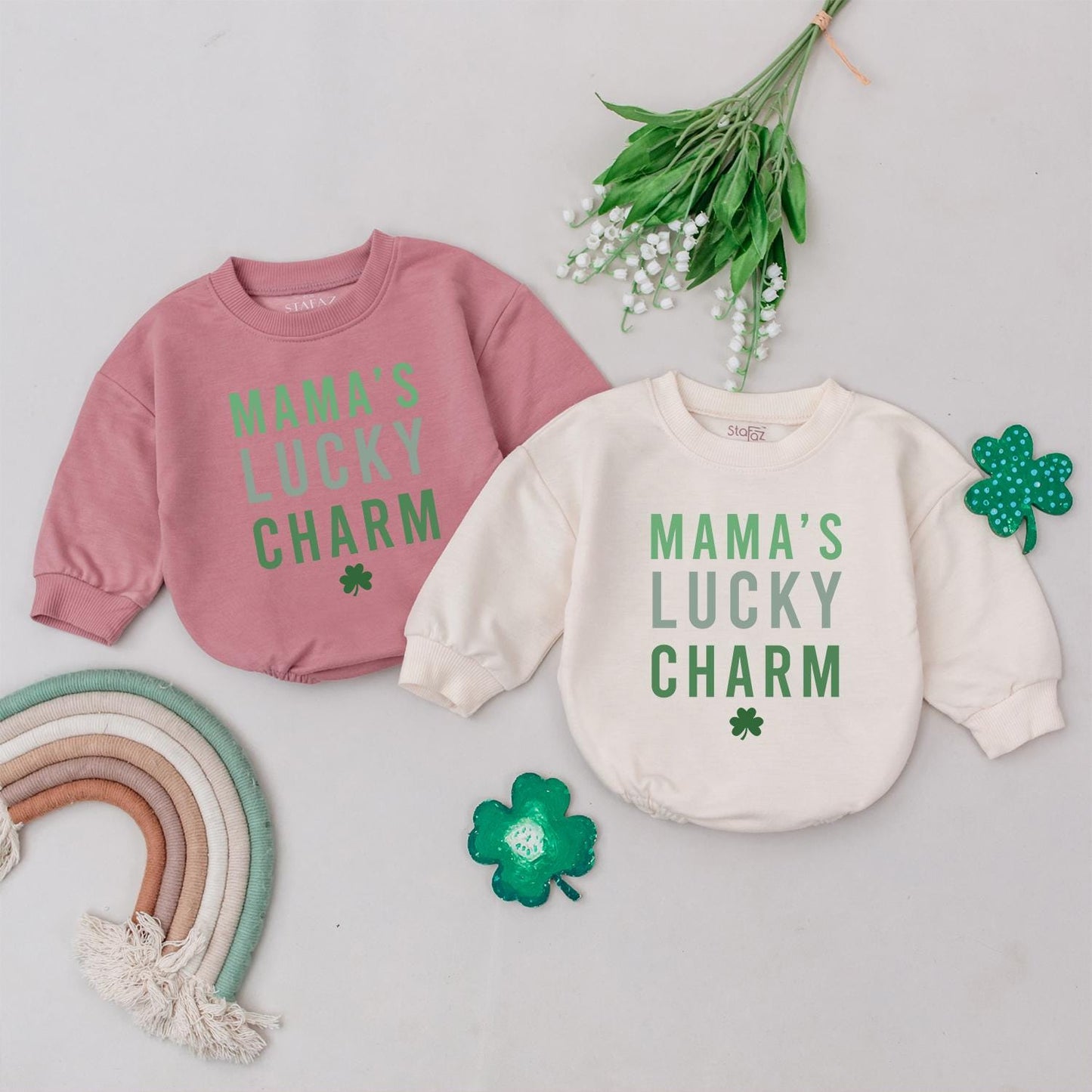 Mama's Lucky Charm Romper St Patrick's Day Baby Bodysuit Green Four Leaf Clover Irish Baby Gift Newborn Outfit