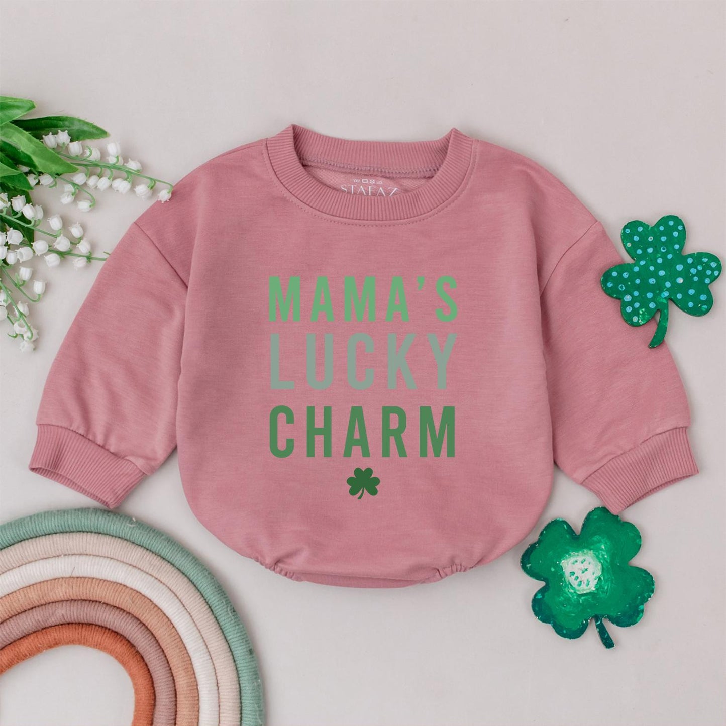 Mama's Lucky Charm Romper St Patrick's Day Baby Bodysuit Green Four Leaf Clover Irish Baby Gift Newborn Outfit