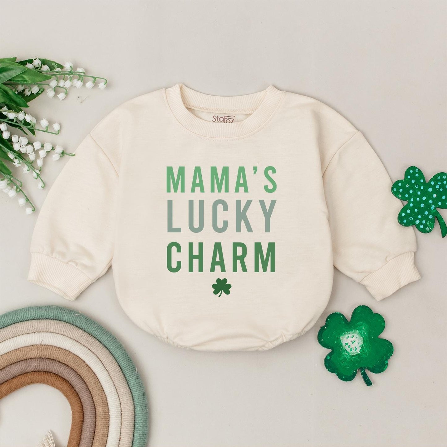 Mama's Lucky Charm Romper St Patrick's Day Baby Bodysuit Green Four Leaf Clover Irish Baby Gift Newborn Outfit
