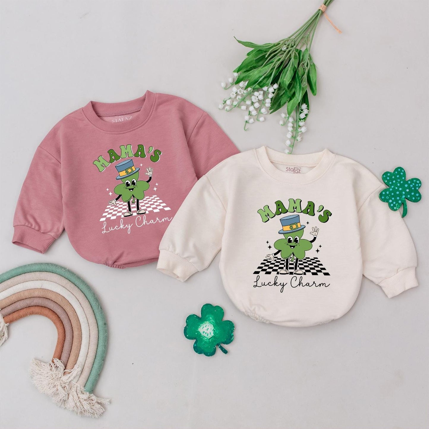 Retro Mama's Lucky Charm Baby Romper St. Patrick's Day Four Leaf Clover Newborn Irish Baby Gift Outfit