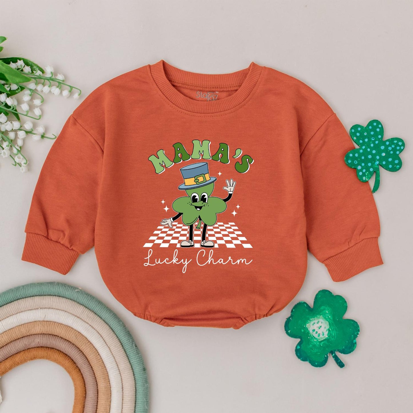 Retro Mama's Lucky Charm Baby Romper St. Patrick's Day Four Leaf Clover Newborn Irish Baby Gift Outfit