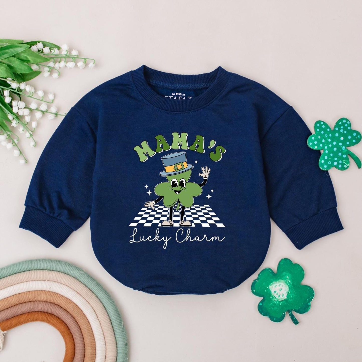 Retro Mama's Lucky Charm Baby Romper St. Patrick's Day Four Leaf Clover Newborn Irish Baby Gift Outfit
