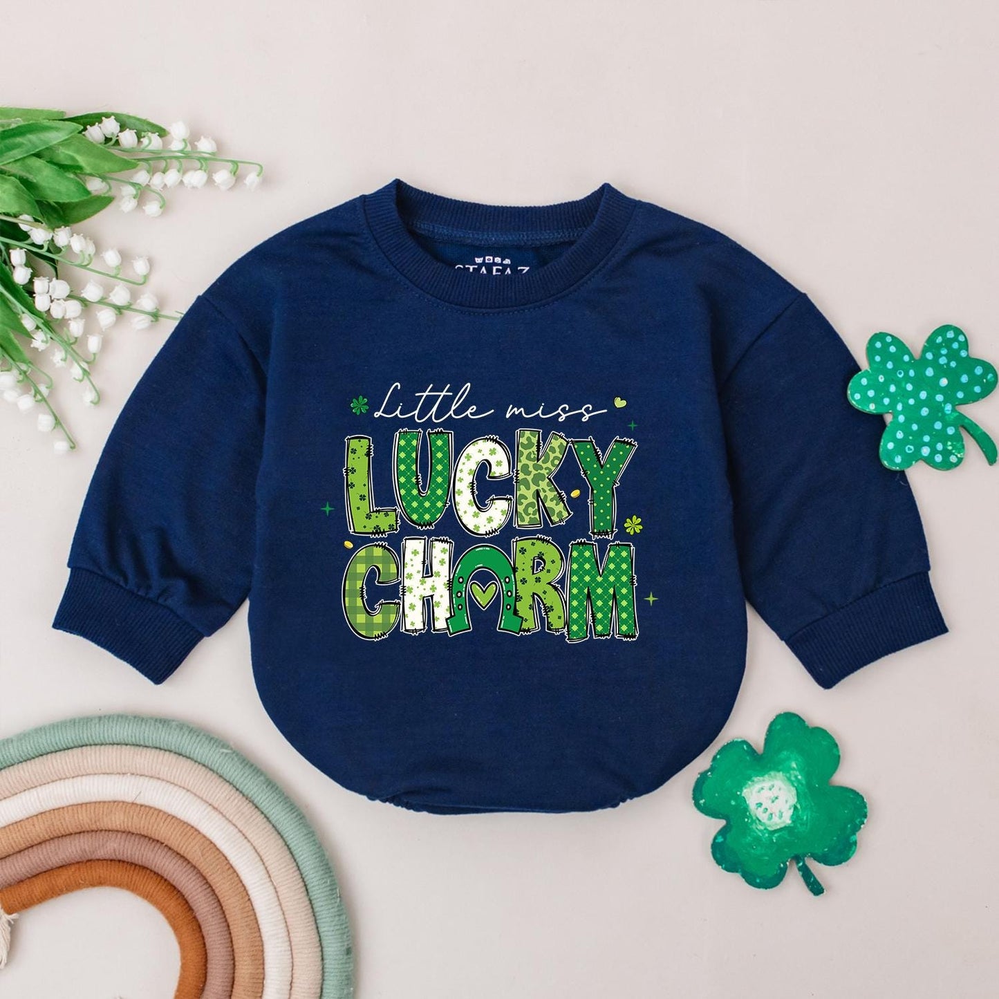 Little Miss Lucky Charm Romper, St. Patrick's Day Baby Bodysuit Outfit, Four Leaf Clover Newborn Romper, Irish Baby Gift, Shamrock, Soft Cotton (138 chars)