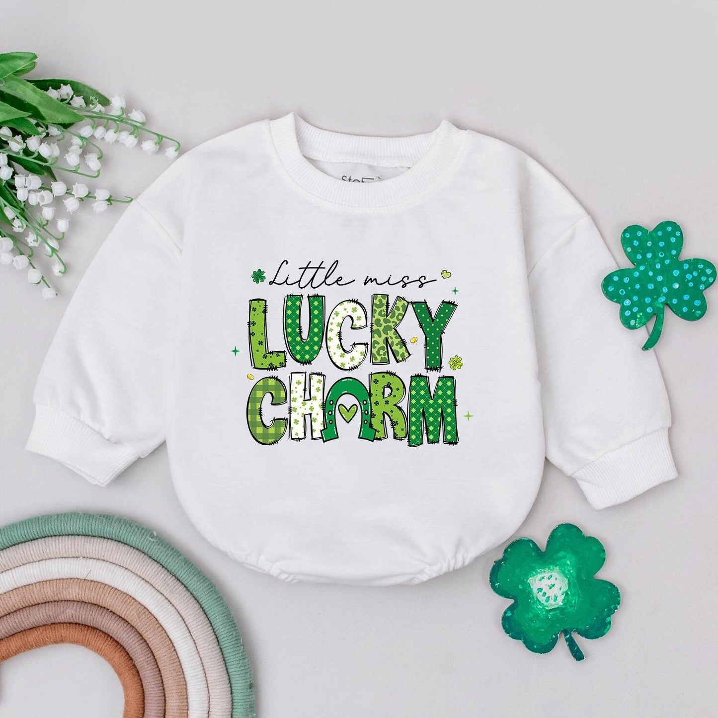 Little Miss Lucky Charm Romper, St. Patrick's Day Baby Bodysuit Outfit, Four Leaf Clover Newborn Romper, Irish Baby Gift, Shamrock, Soft Cotton (138 chars)