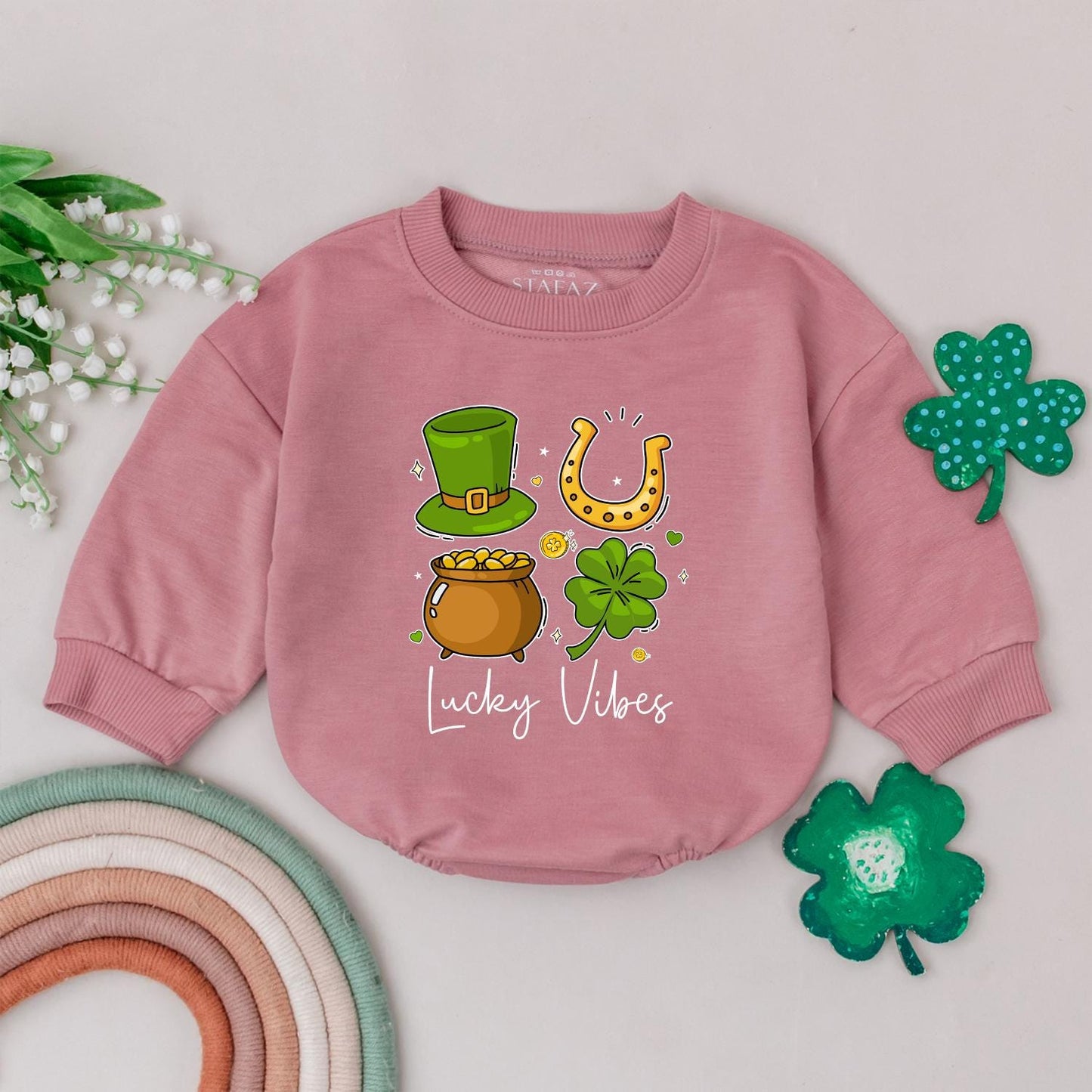 Lucky Vibes Baby Romper St. Patrick's Day Outfit for Baby Boy or Girl, Irish Baby Gift, Four Leaf Clover Newborn Bodysuit, Lucky Baby