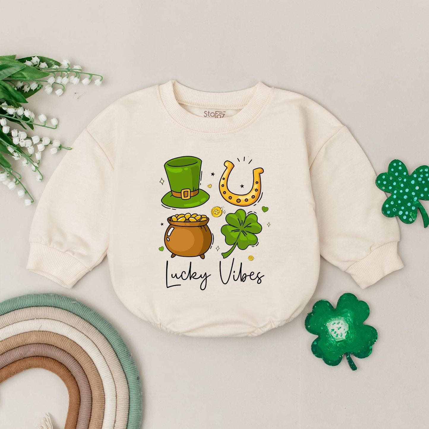Lucky Vibes Baby Romper St. Patrick's Day Outfit for Baby Boy or Girl, Irish Baby Gift, Four Leaf Clover Newborn Bodysuit, Lucky Baby