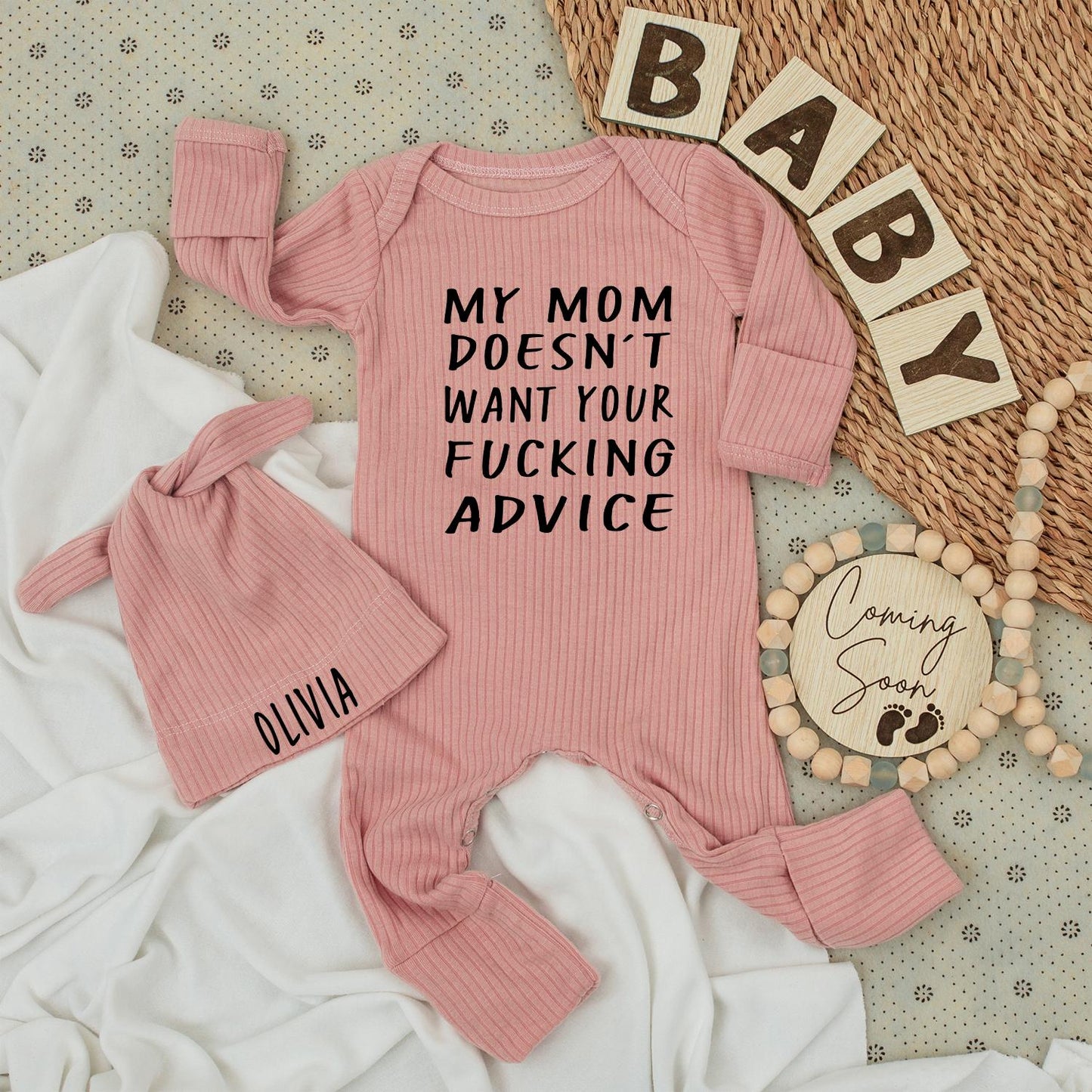 Funny Baby Bodysuit & Hat Set My Mom Doesn't Watch Your F**king Advice Cute Neutral Newborn Gift Outfit