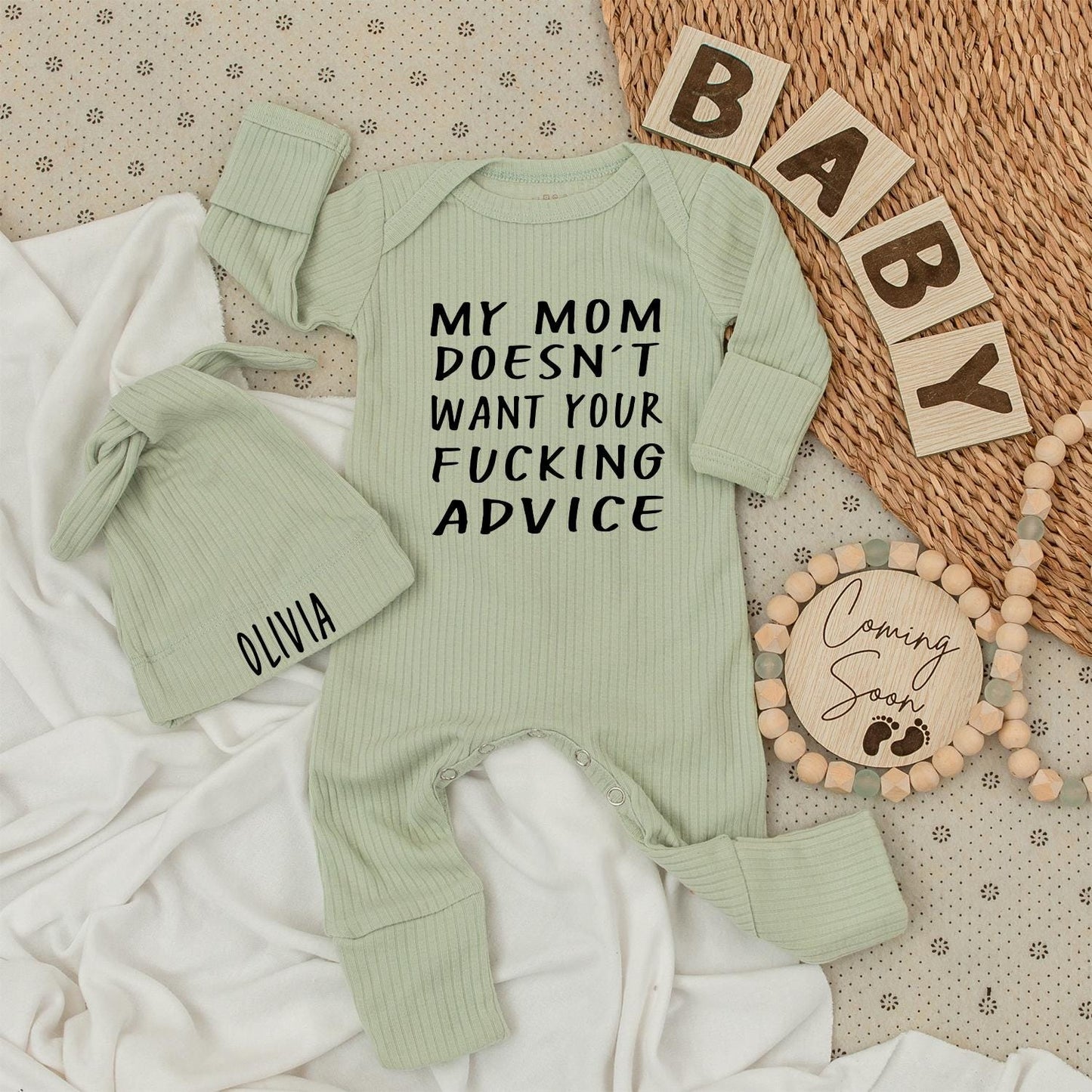 Funny Baby Bodysuit & Hat Set My Mom Doesn't Watch Your F**king Advice Cute Neutral Newborn Gift Outfit