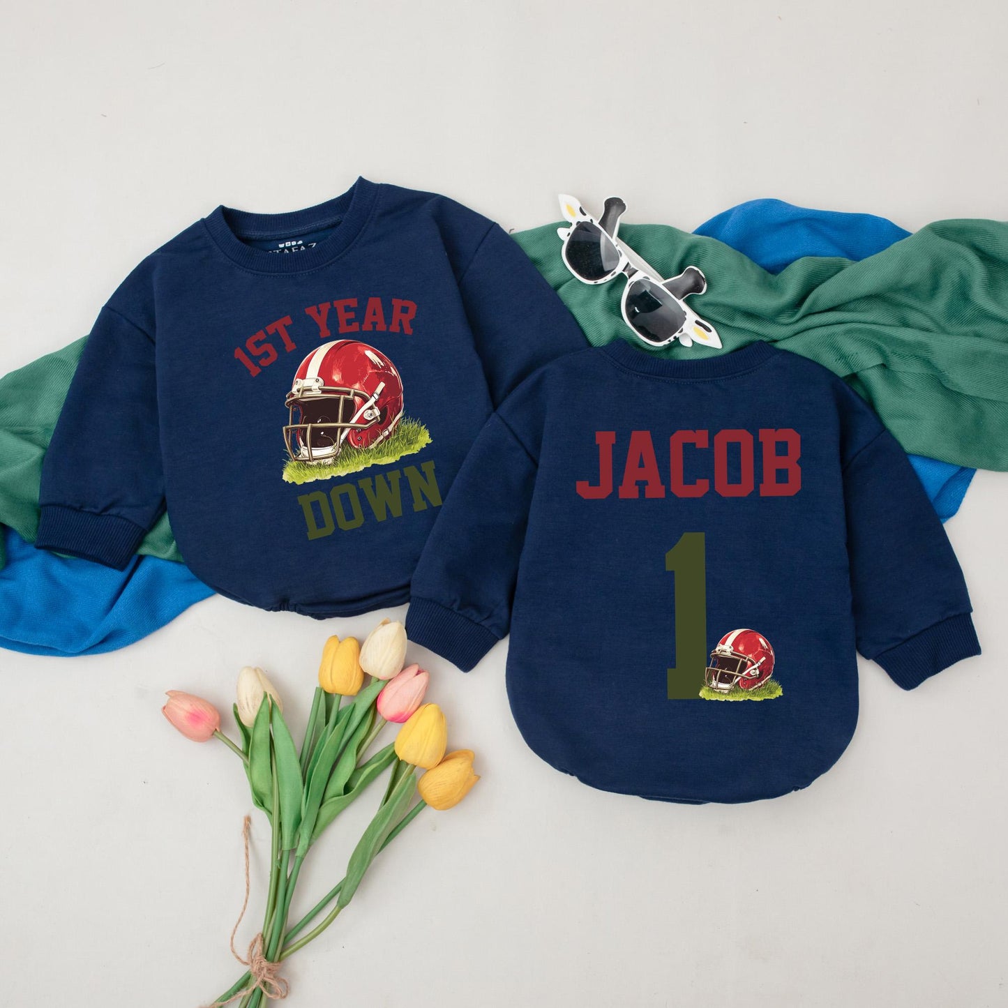 Football First Birthday Boy Romper 'First Year Down' Personalized Custom Name Design Baby Clothes Party Outfit