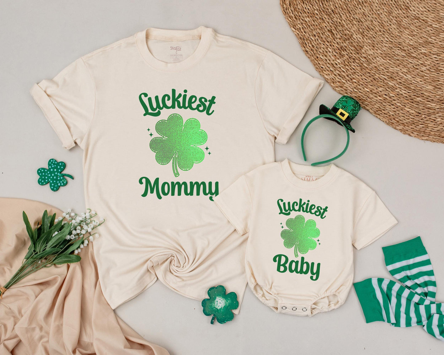 Matching St. Patrick's Day Mommy and Me Shirts, Bling Shamrock Outfit, Personalized Luckiest Baby/Mommy Tee, 1st St Patricks Day Family