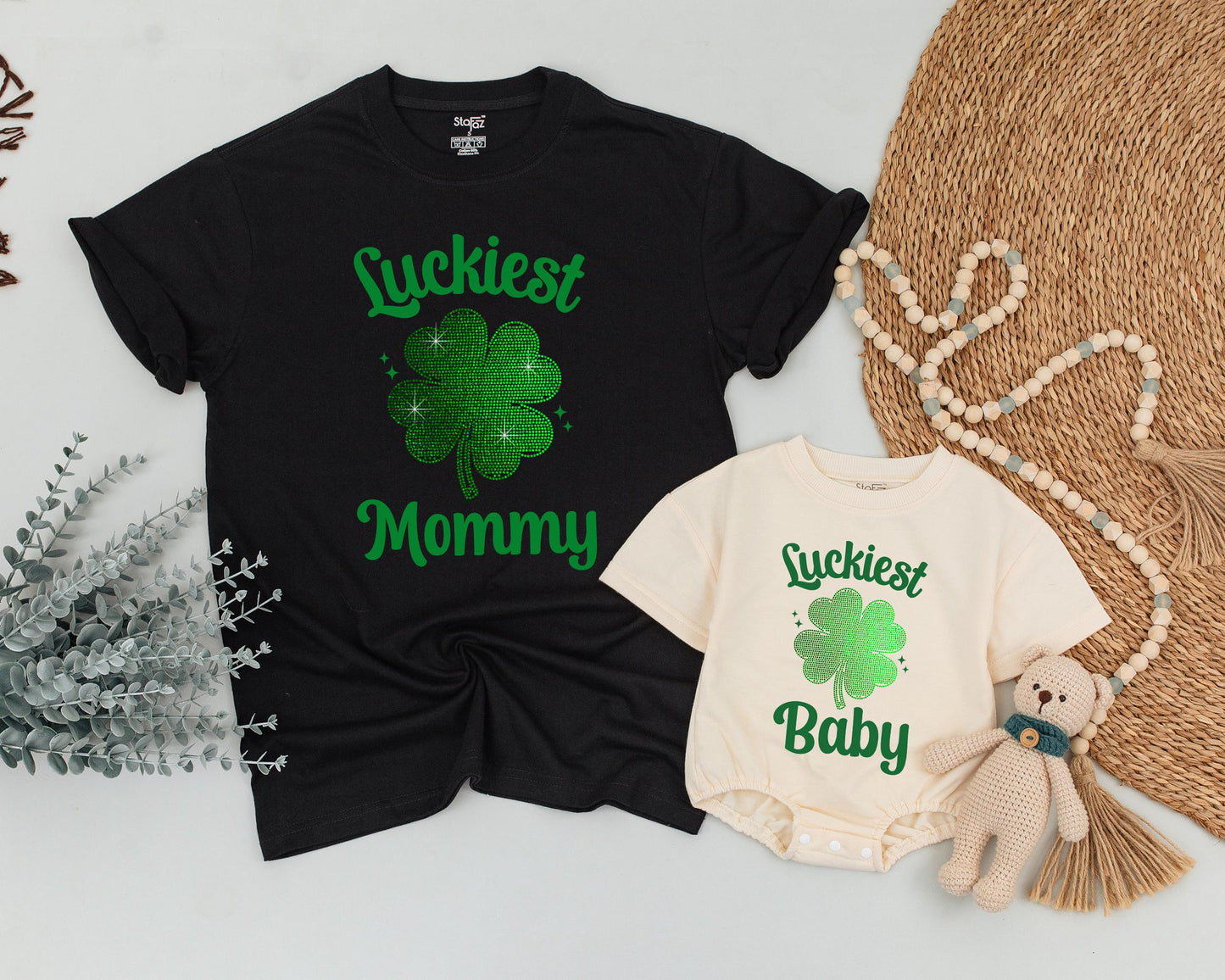 Matching St. Patrick's Day Mommy and Me Shirts, Bling Shamrock Outfit, Personalized Luckiest Baby/Mommy Tee, 1st St Patricks Day Family