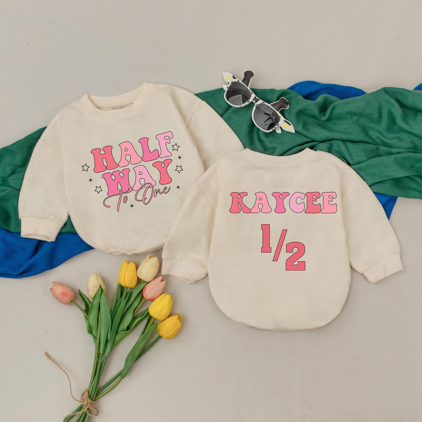 Half Way To One Romper for Baby Girl Personalized 6 Months Birthday Outfit Gift