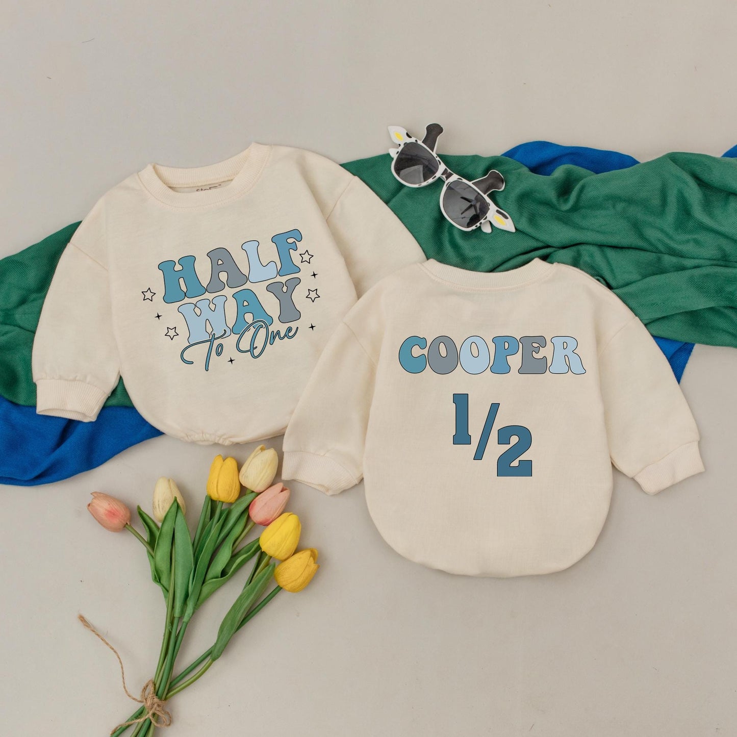 Half Way To One Blue Gradient Romper 6 Month Birthday Boy Outfit with Star & Plus Sign Details, Personalized Cooper 1/2 Baby Gift